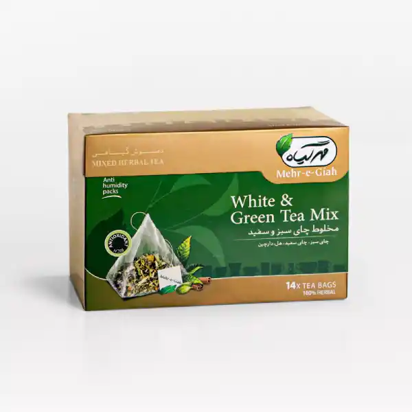 دمنوش کیسه ای گیاهی چای سبز و سفید مهرگیاه 14 عددی
