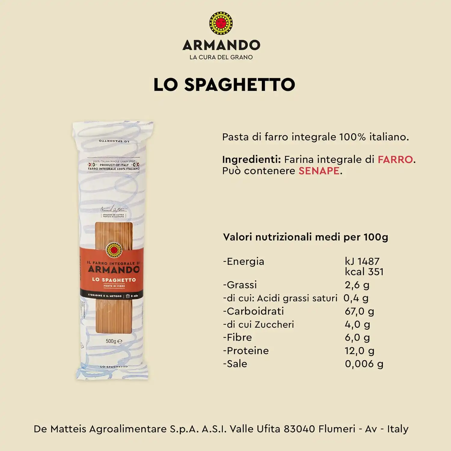 پاستا با سبوس آرماندو مدل Spaghetto وزن 500 گرمی