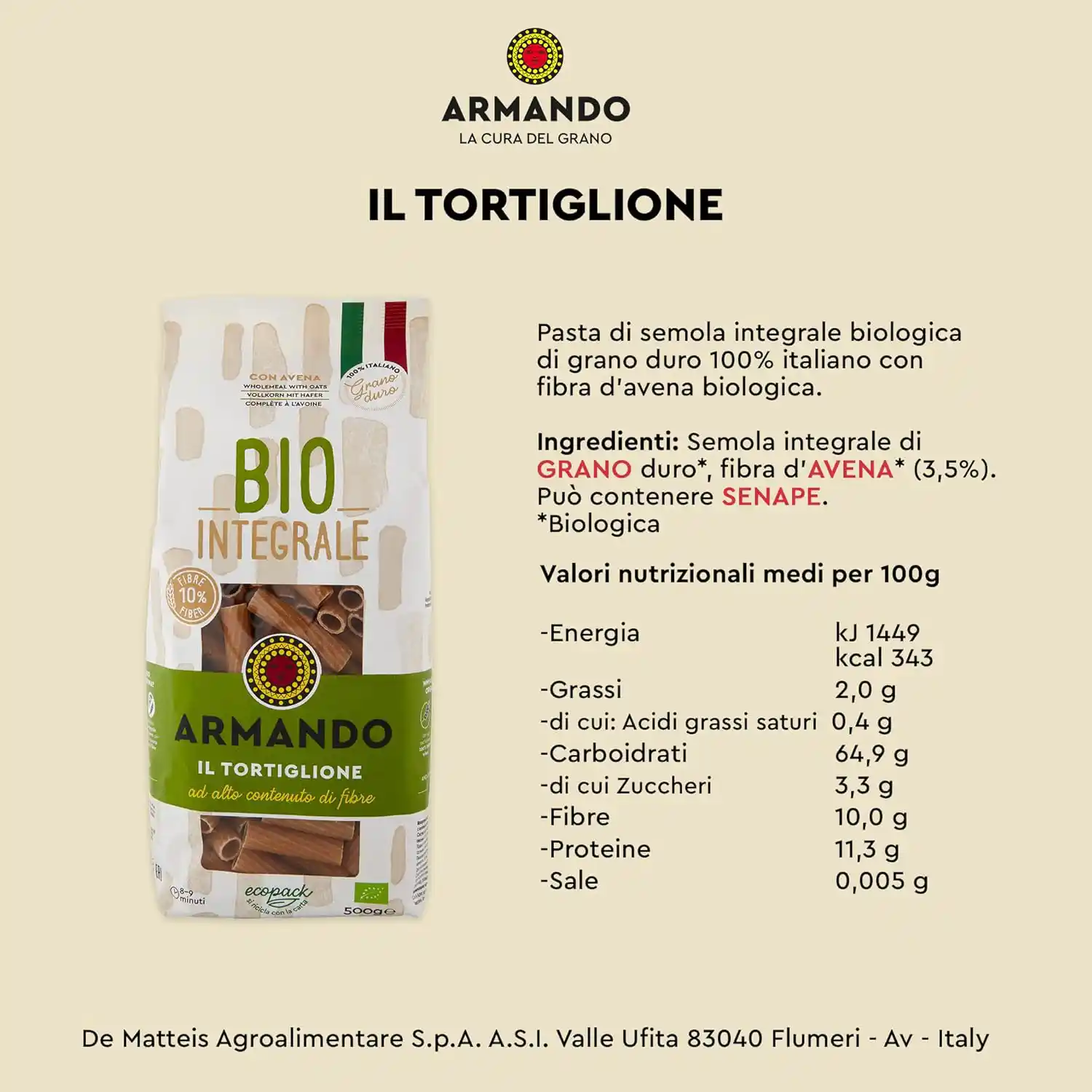 پاستا با گندم کامل آرماندو ارگانیک مدل Tortiglione وزن 500 گرمی