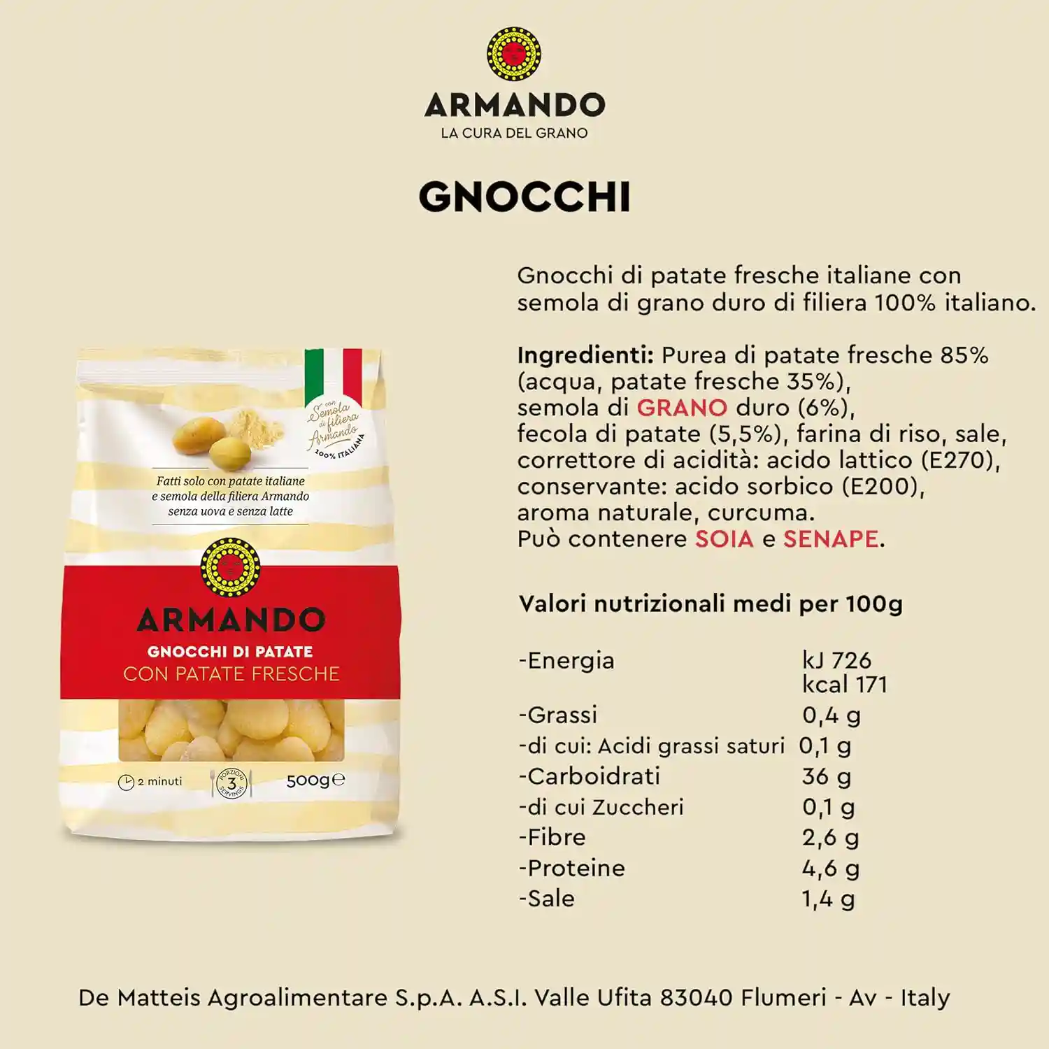 پاستا با گندم دوروم و سیب زمینی آرماندو مدل Gnocchi وزن 500 گرمی