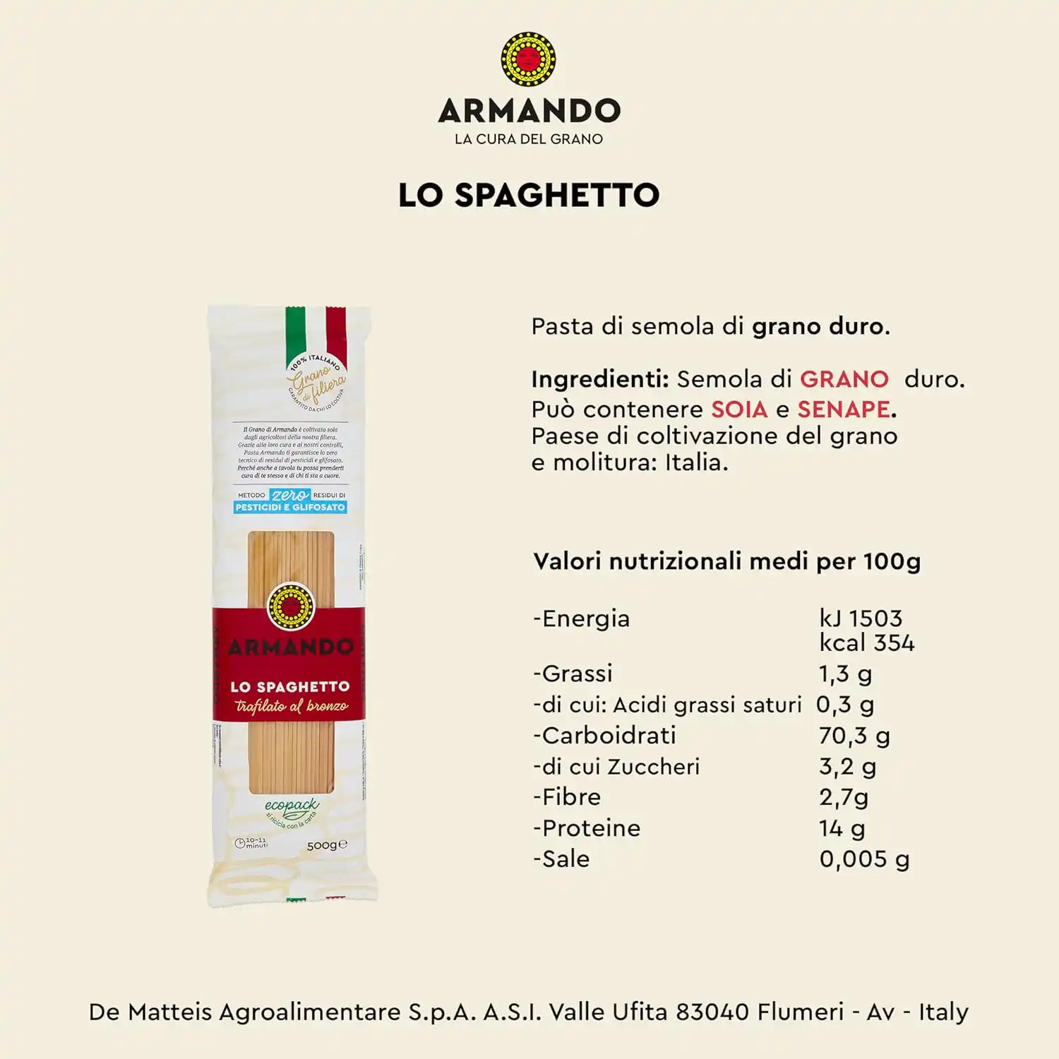 پاستا با گندم دوروم آرماندو مدل Spaghettino وزن 500 گرمی