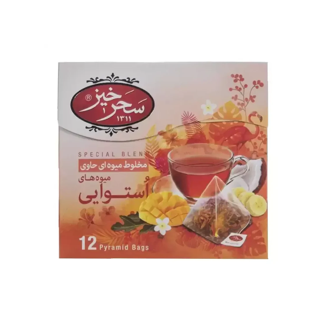 دمنوش کیسه ای مخلوط میوه های استوایی سحرخیز بسته 12 عددی