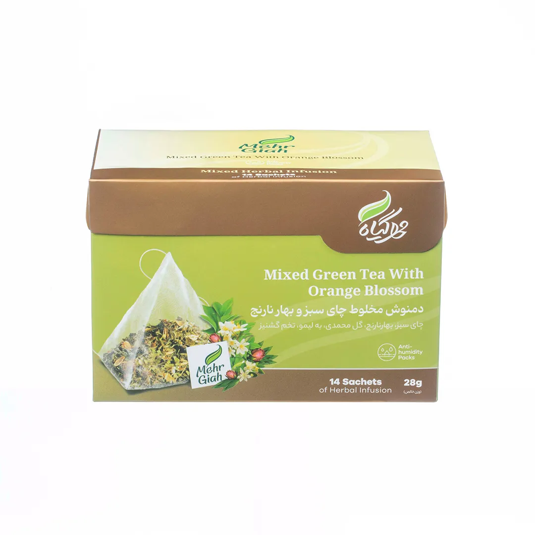 دمنوش کیسه ای گیاهی چای سبز و بهارنارنج مهرگیاه 14 عددی