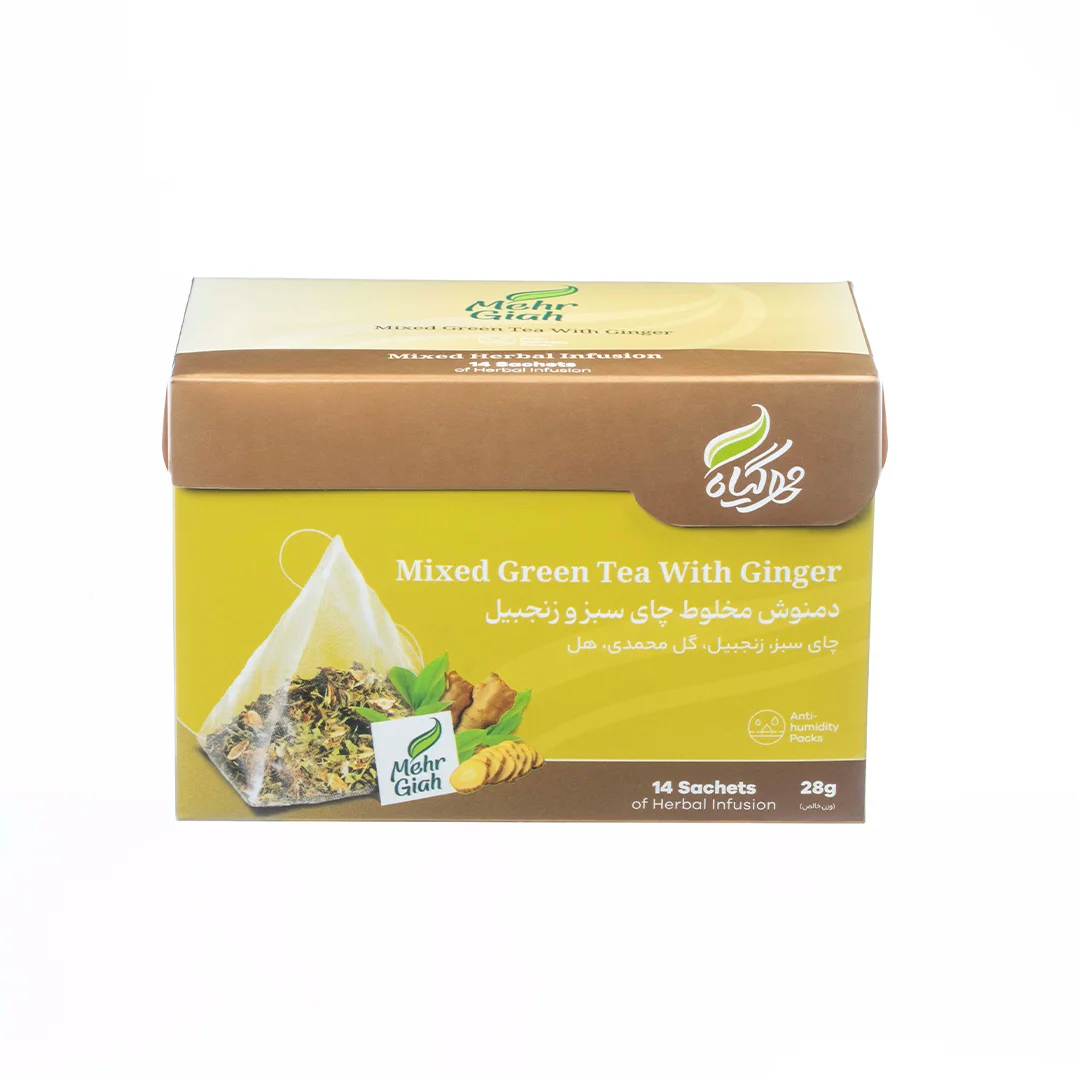 دمنوش کیسه ای گیاهی چای سبز و زنجبیل مهرگیاه 14 عددی